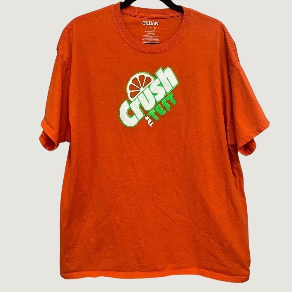 Gildan Orange‎ The Crush Test Soda Graphic T-Shirt Mens XL Short Sleeve Cotton